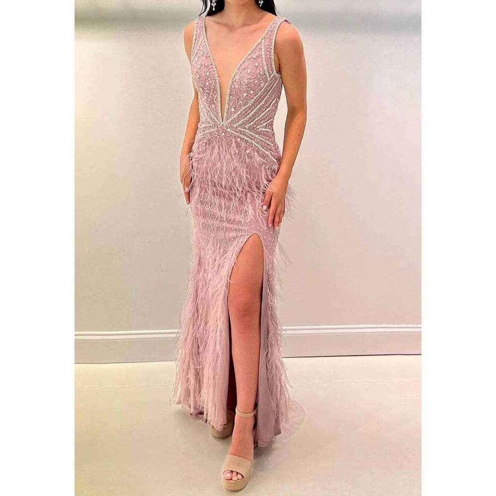 NEW JASZ COUTURE feather detailed sleeveless prom dress in blush